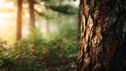 Obraz premium Close-up of tree bark in forest with soft sunlight and blurred background