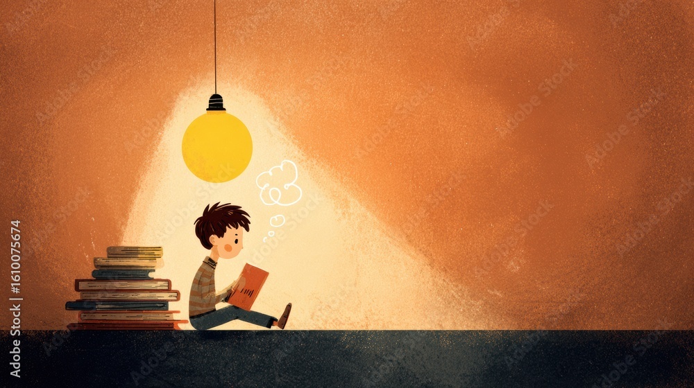Aufkleber child enjoys reading under a warm lamp with thought bubble depicting ideas and imagination flowing i