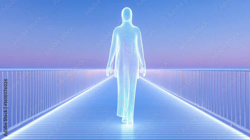 Poster horror mystery, a translucent figure crossing a bridge in a misty environment, creating an ethereal 