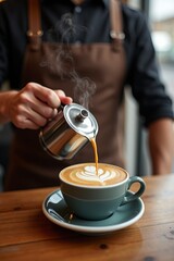 A barista pouring latte art into coffee cup, steam rising, indoor café ambiance, natural cozy tones