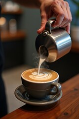 A barista pouring latte art into coffee cup, steam rising, indoor café ambiance, natural cozy tones