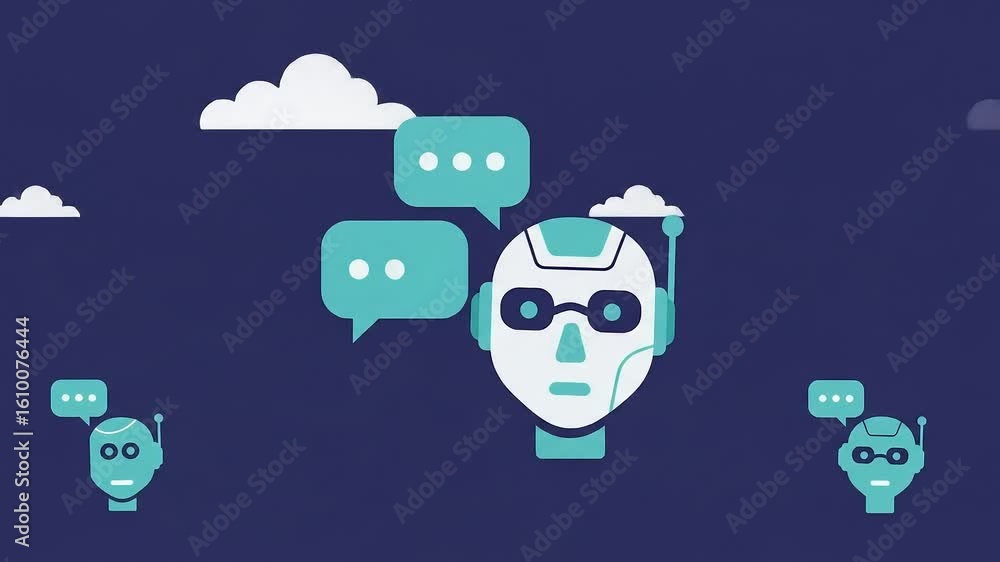Aufkleber communicating robots animated design with speech bubbles on blue background
