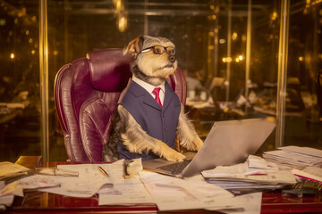 Funny Dog in Business Suit Working on Laptop at Office Desk Generative AI