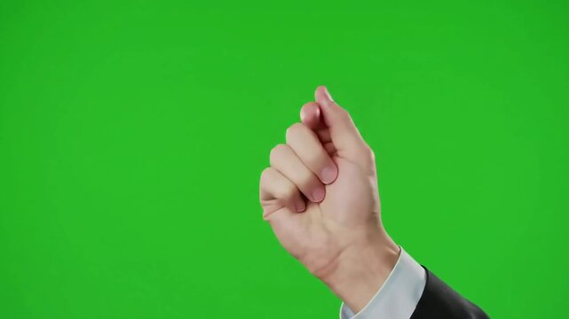 Right hand, in a dark business suit, pinched fingers up, gesturing against bright chroma key green backdrop, reaching for something small