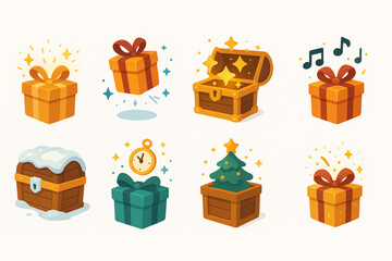 Flat Coloring Magical Christmas Box Icons, Festive Holiday Fantasy Set