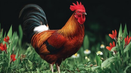 Rooster standing among colorful flowers and greenery in a natural outdoor setting