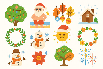 Fototapeta premium Flat Coloring Seasonal Christmas Icons, Four Seasons Holiday Set