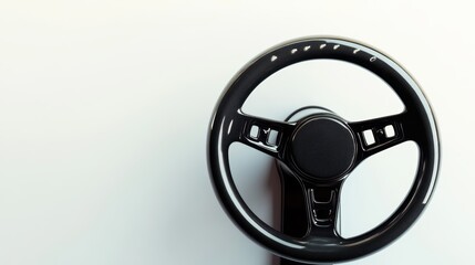Black Steering Wheel with Sleek Design Isolated Against a Minimalistic Light Background