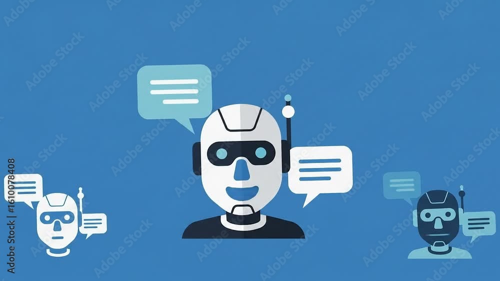 Poster chatting robots communication animation on blue background