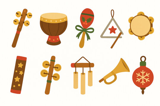 Flat Design Handmade Christmas Instrument Icons, Festive Musical Craft Set