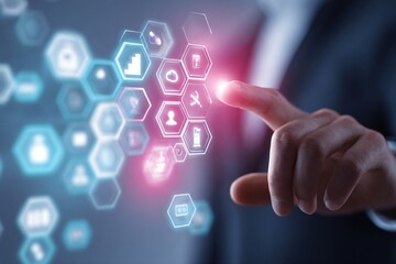 Businessman interacting with futuristic digital interface and innovative technology