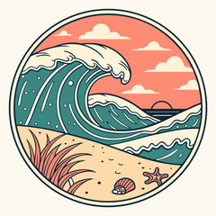 Retro Beach Scene with Wave Sunset and Sea Life Illustration
