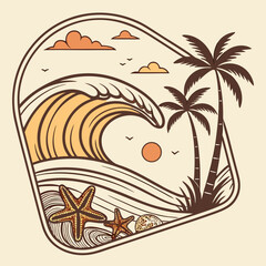 Naklejka premium Retro Beach Scene with Palm Trees Wave Starfish and Sunset Illustration
