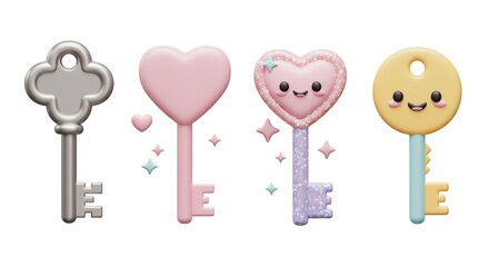 Four cute cartoon keys in pastel colors
