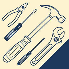 Hand Tools Illustration Hammer Pliers Screwdrivers and Adjustable Wrench on Cream Background