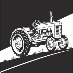 Vintage Tractor Illustration in Black and White on a Grassy Hillside