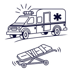 Line art illustration of an ambulance and stretcher on a white background © GDMala02