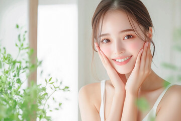 Beautiful young woman with a soft smile and clear skin. Beauty and skincare concept