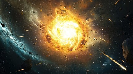 A galaxy core exploding with light, surrounded by shooting stars and space debris.