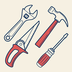 Hand Tools Illustration Wrench Saw Hammer and Screwdriver on Cream Background