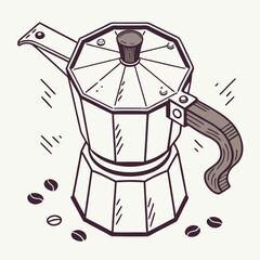 Vintage Italian Moka Pot Illustration with Coffee Beans and Steam Lines