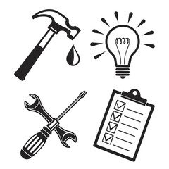 Black and White Vector Icons for Repair Maintenance and Problem Solving