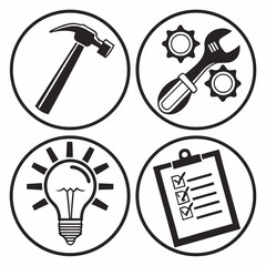 Four icons representing construction repair ideas and task completion in black and white