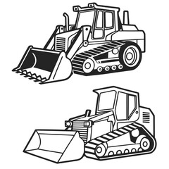 Two Bulldozer Illustrations in Black and White Outline Style