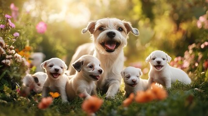 Fototapeta premium A happy dog family--mother and puppies--playing together in a garden.