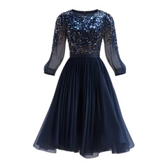 Fototapeta premium Elegant dark blue midi dress with sequin bodice and pleated skirt three quarter sleeves