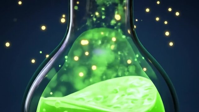 Bright green bubbling potion in a laboratory flask with glowing particles in a dark background