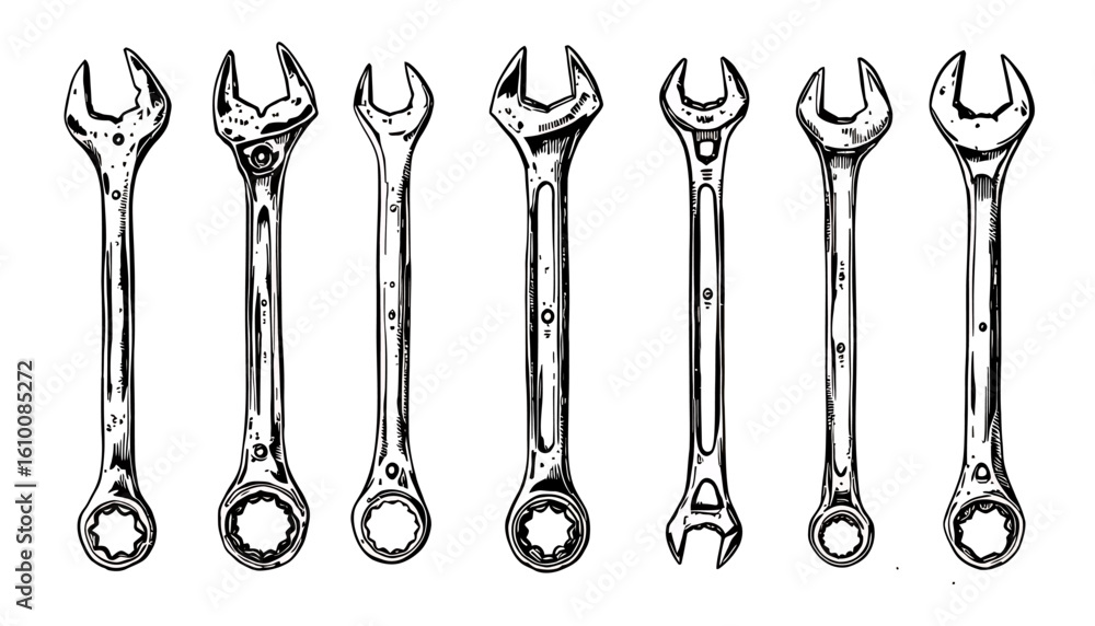 Poster a vector illustration presents an array of wrenches, including adjustable types, ideal for plumbing 