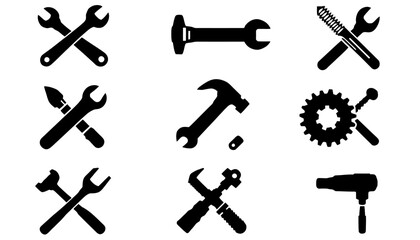 Fototapeta premium Collection of black and white vector icons representing various tools including wrenches, hammers, screwdrivers, and a hairdryer for industry and repair concepts.