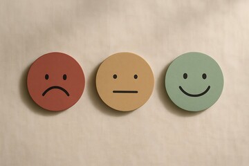 Emotional feedback concept with colorful circular faces showing frown, straight, and smiling mouth representing sadness, indifference, happiness