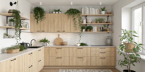 Scandinavian kitchen with light wood cabinets, floating shelves, and greenery, in a cozy apartment setting.
