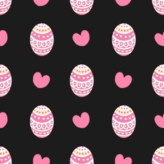 Playful pink Easter egg pattern with heart shapes on black background. Great for kids, spring holidays, wrapping paper, and festive decoration.