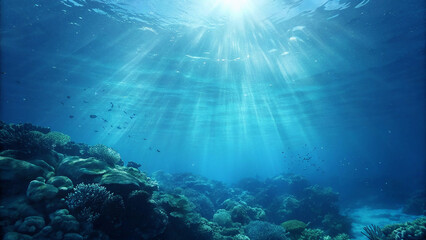 Fototapeta premium Sunlight beams through clear turquoise ocean water onto a vibrant coral reef below