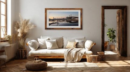 Wooden Frame Photo Mockup Above Sofa in Living Room Wall, Generative AI
