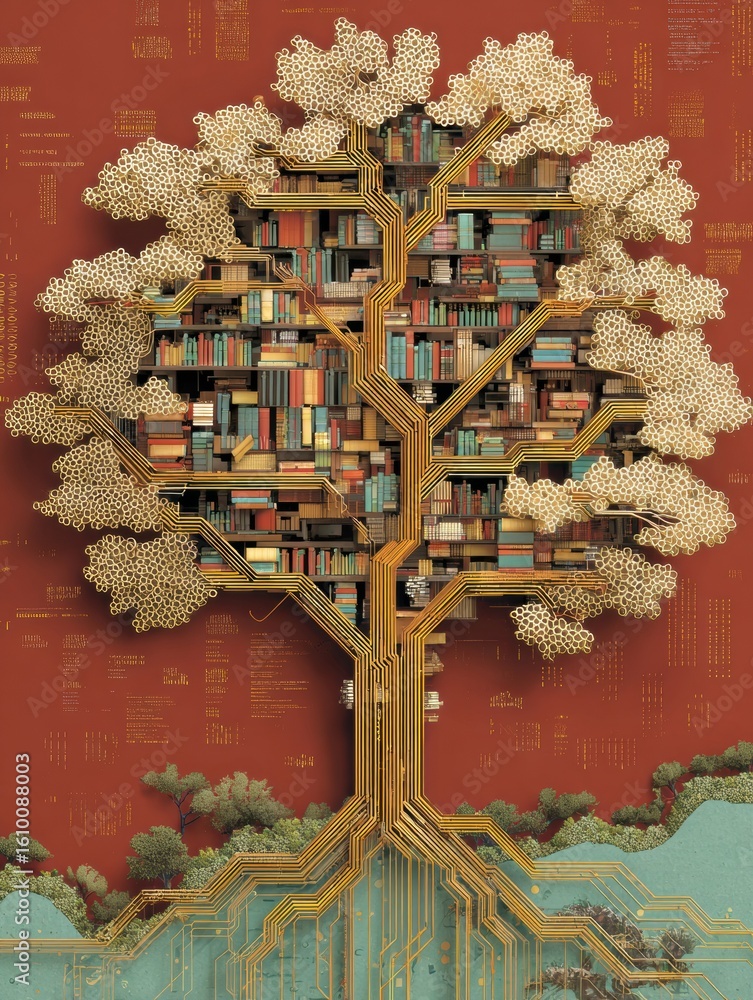 Poster digital tree of life merging circuits and books symbolizes self-growth and knowledge, with an open t