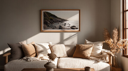 Wooden Frame Photo Mockup Above Sofa in Living Room Wall, Generative AI
