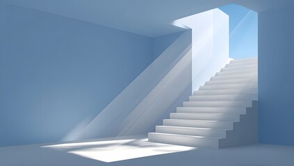 Obraz premium Minimal blue interior with abstract white staircase and sunlight beams