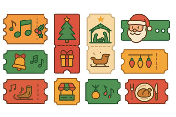 Flat Coloring Christmas Ticket Icons, Festive Holiday Event Set