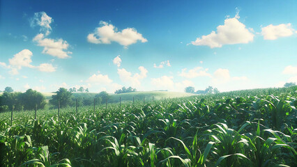 Vast green cornfield under a bright blue sky with fluffy white clouds