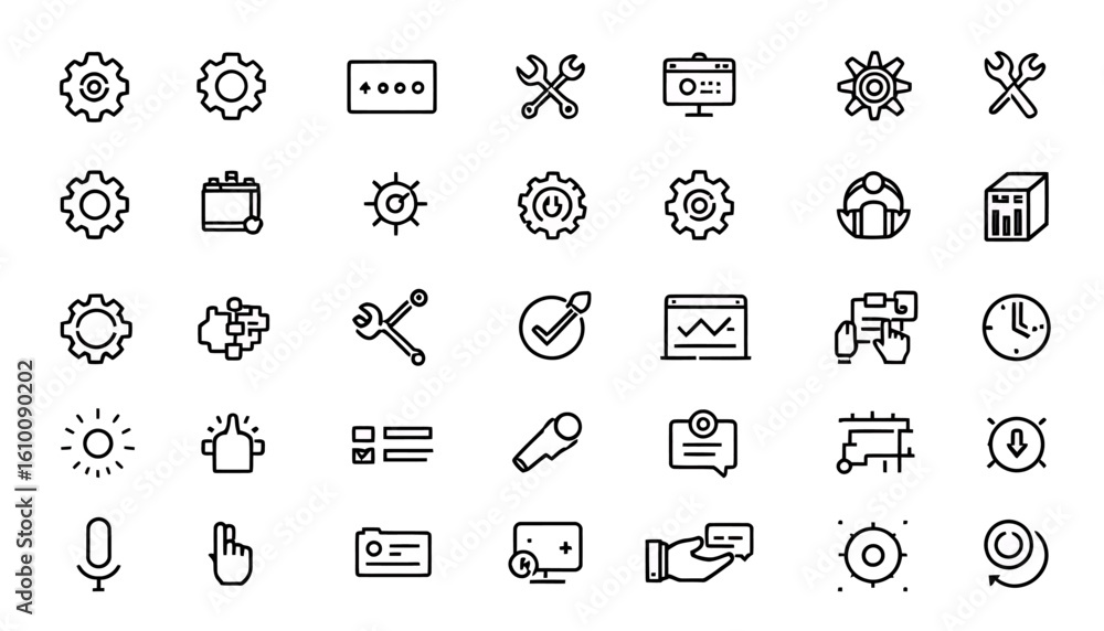Poster a comprehensive set of modern outline vector icons representing various settings, tools, technology,
