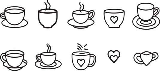 Black and white line art of coffee cups and hearts hot beverages steaming drinks