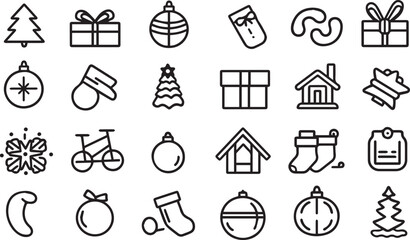 Christmas icons including trees gifts ornaments and socks present