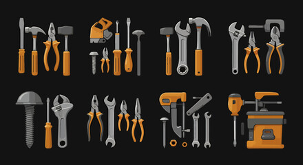 Obraz premium A collection of various hand tools, including adjustable wrench, hammers, screwdrivers, and pliers, arranged against a dark background, perfect for construction or repair projects.