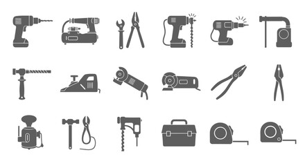 Collection of vector icons representing various tools, including drills, wrenches, pliers, and measuring tapes, useful for industry and DIY projects.