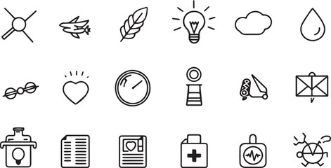 Collection of black and white icons representing various concepts and objects symbols airplane