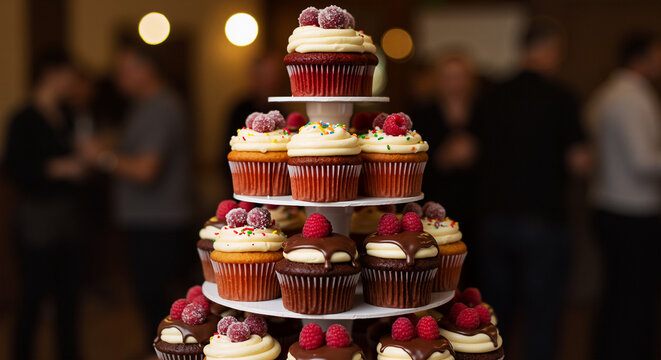 Deliciously Decorated Cupcakes Arranged on a Tiered Stand at a Celebration Event